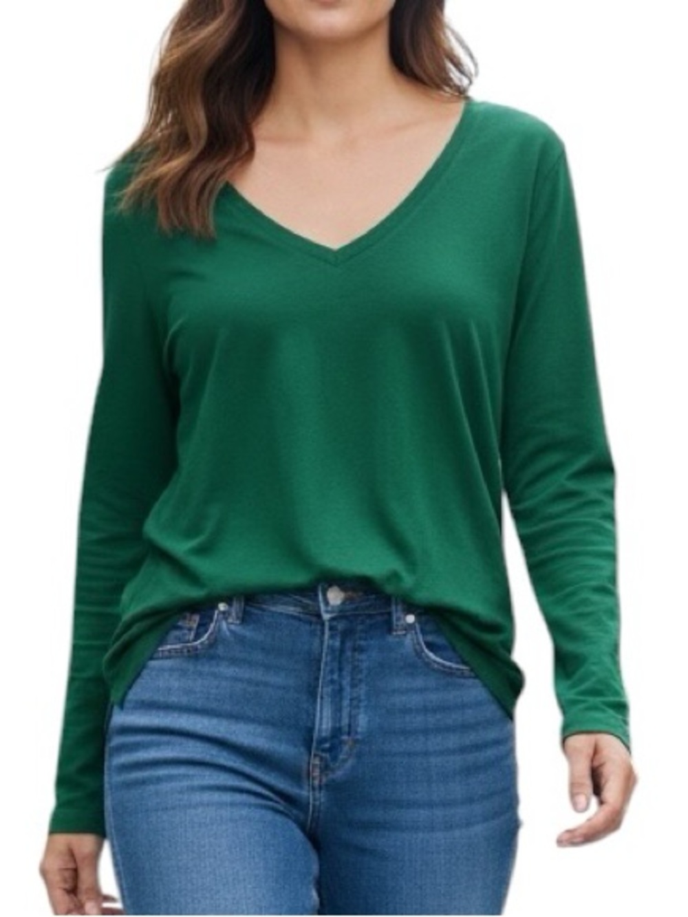 New York & Company Emerald Green V-Neck Long Sleeve Tee